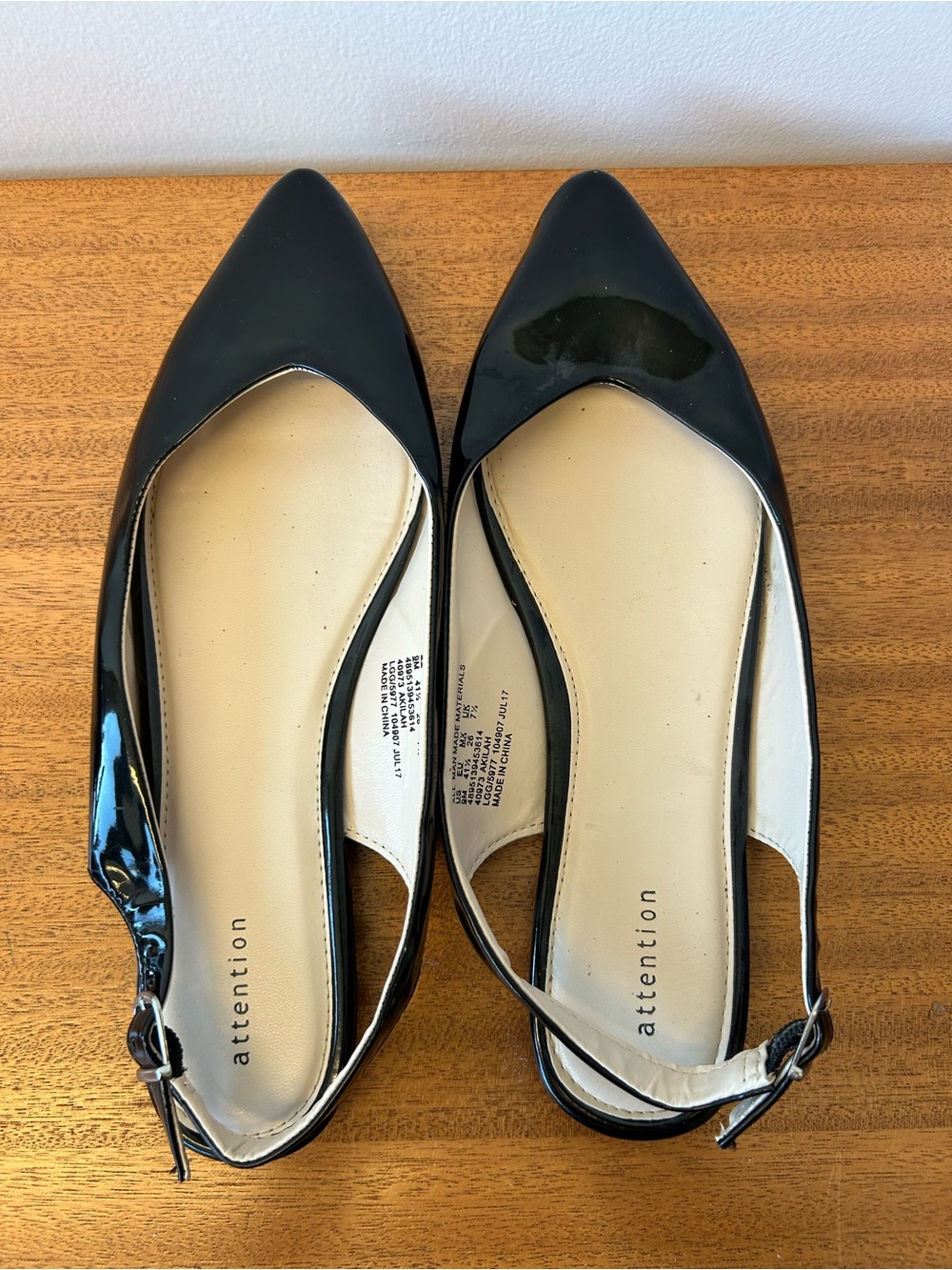 attention Black Patent Pointed Toe Slingback Flats